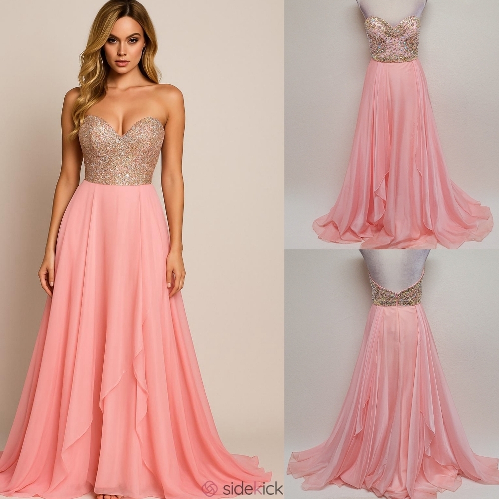 Alyce Vintage Y2K Pink Layered Chiffon Rhinestone Beaded Sweetheart Maxi Dress